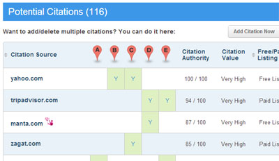 Screen shot of CitationTracker report Brightlocal Citation Tracker report