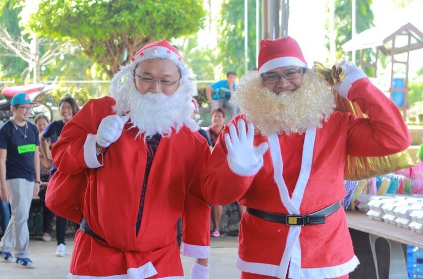 Dressed up as Santa Claus