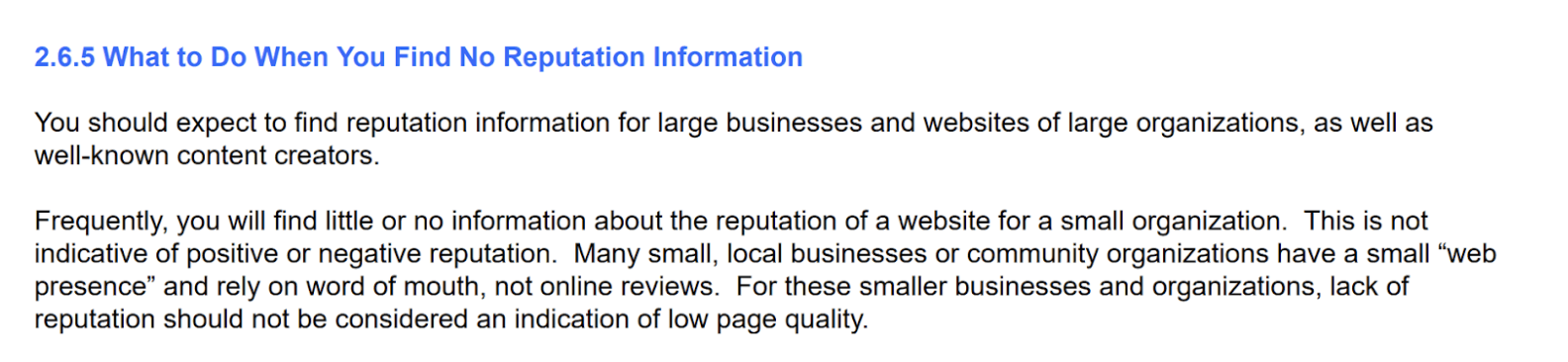 Google Quality Raters' Guidelines - No Reputation Information