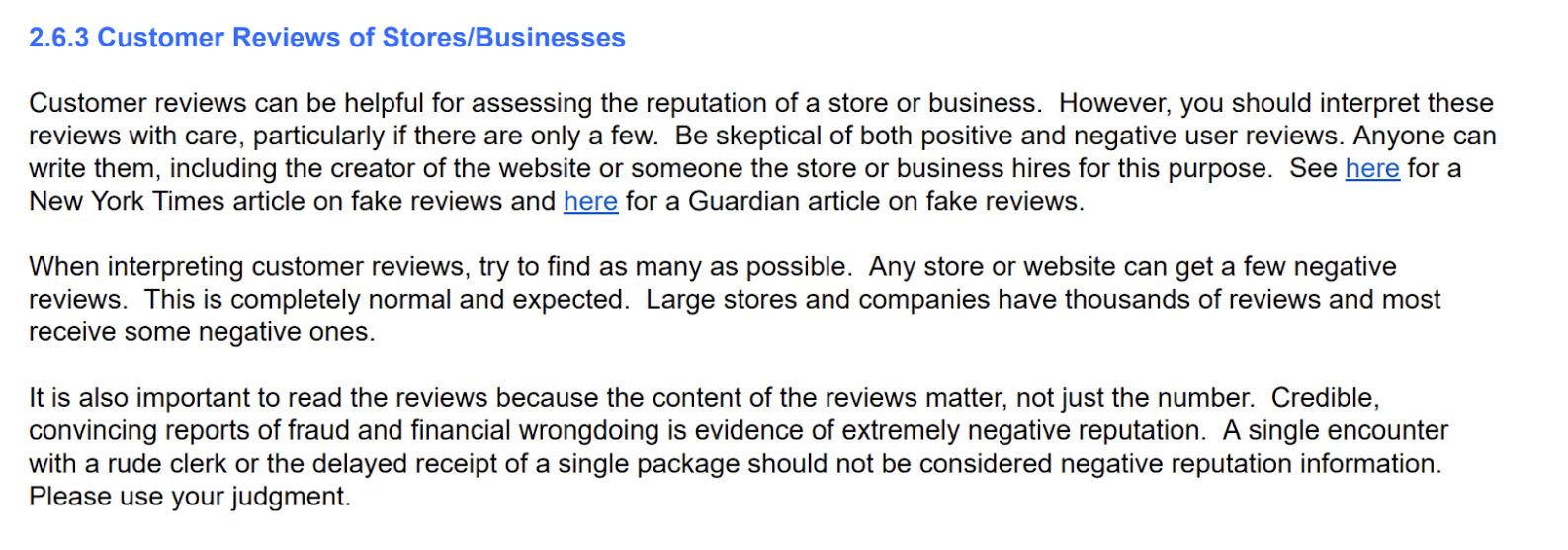 Google Quality Raters' Guidelines - Customer Reviews