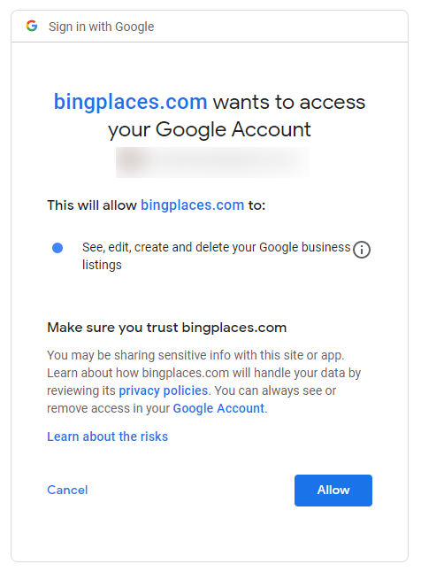 Bing connection confirmation