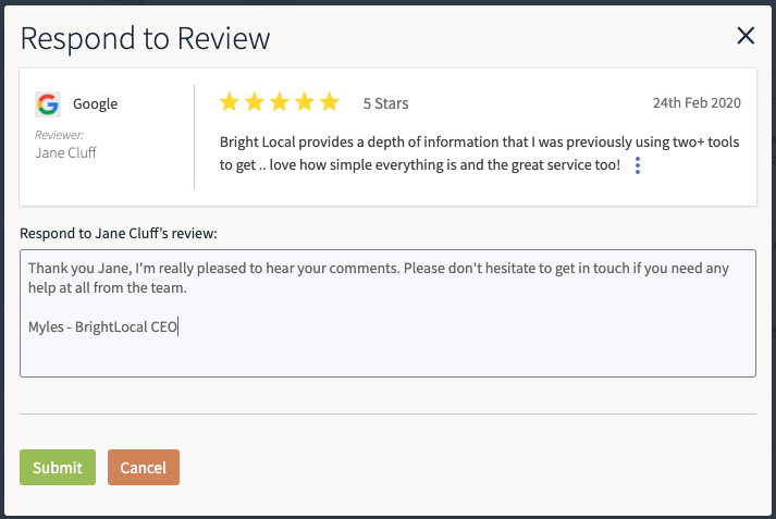 Responding to reviews through BrightLocal