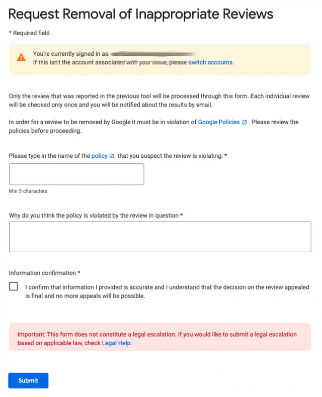 Request removal of inappropriate reviews