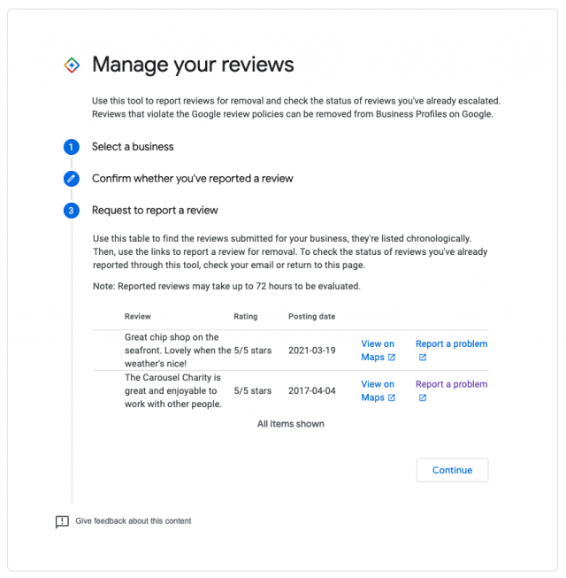 Manage your reviews request to report