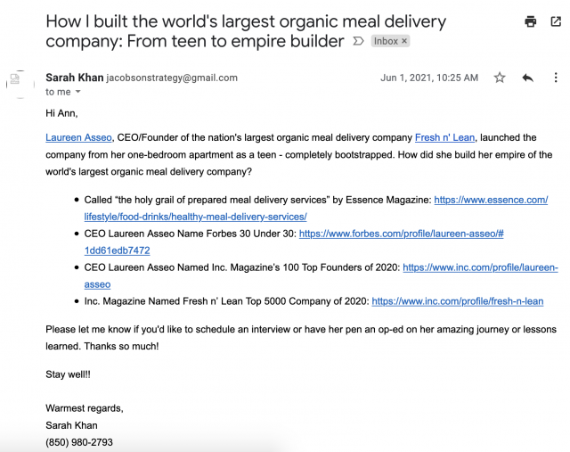 Local business success story outreach example