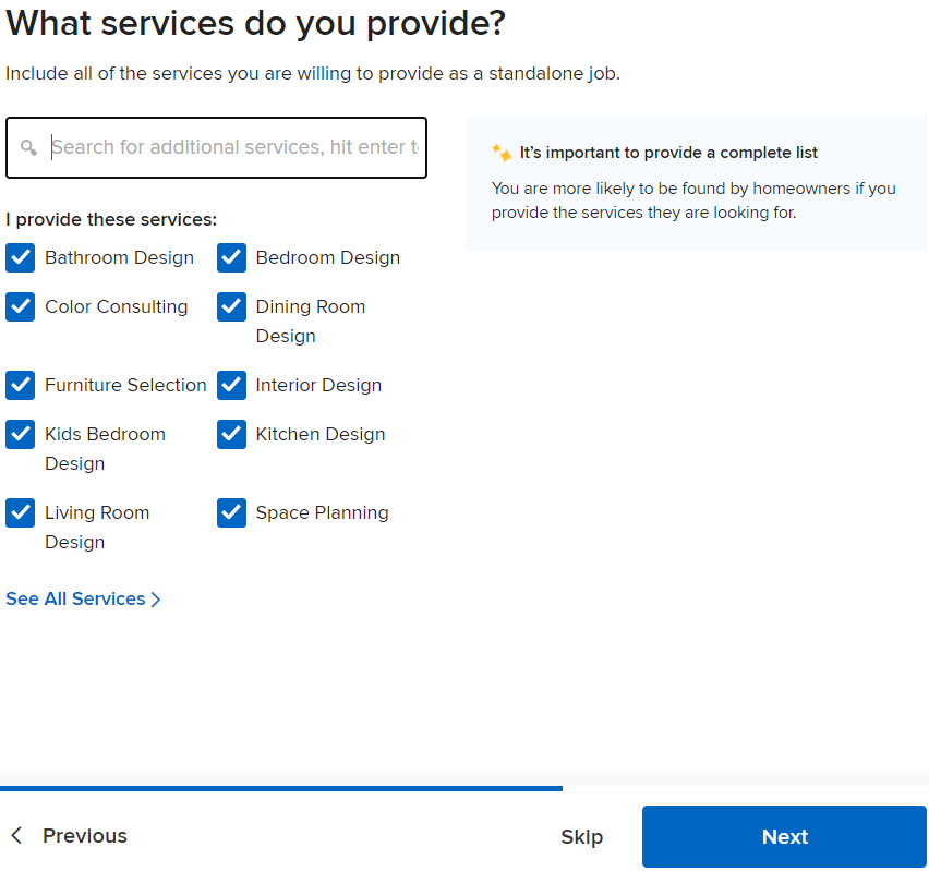 Add Services Houzz Listing