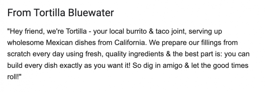 Tortilla Bluewater Review Example