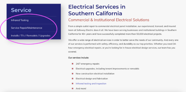 Screenshot of service pages on an electrician website