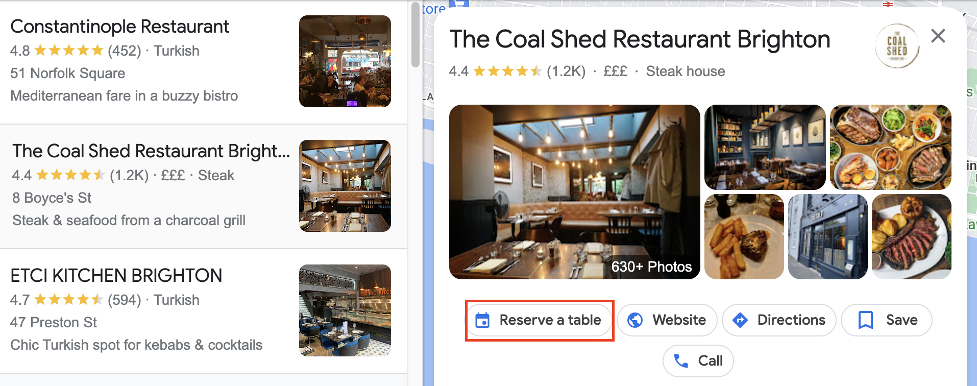 A screenshot of a GBP where the 'Reserve a table' CTA is highlighted