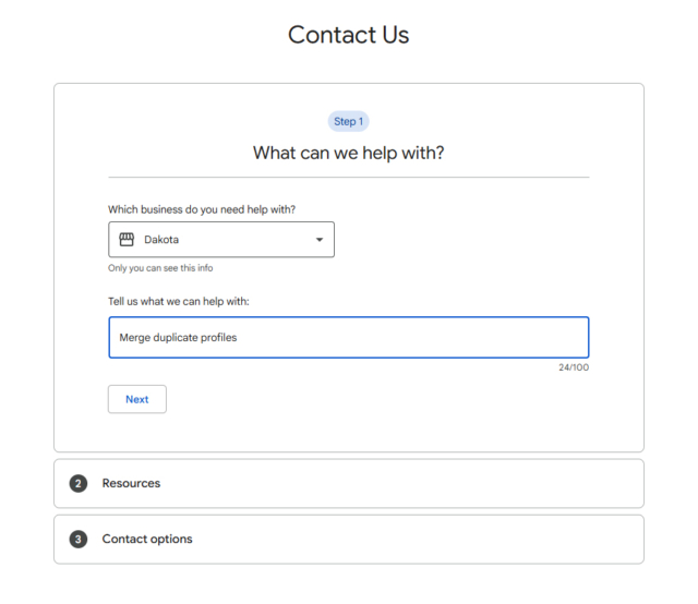 A screenshot of the help form that shows where and how you need to request help for merging duplicate profiles