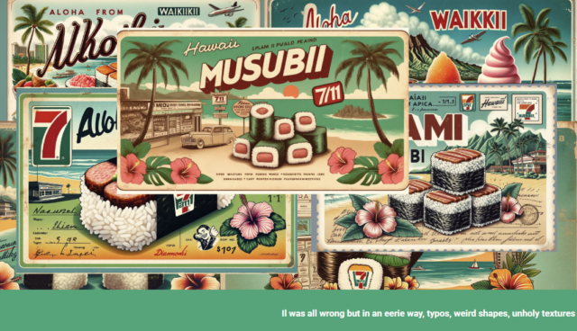 A selection of AI generated postcards of Hawaii that fail to show regional understanding