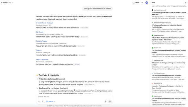 Chatgpt results for the search of Portuguese Restaurants South London