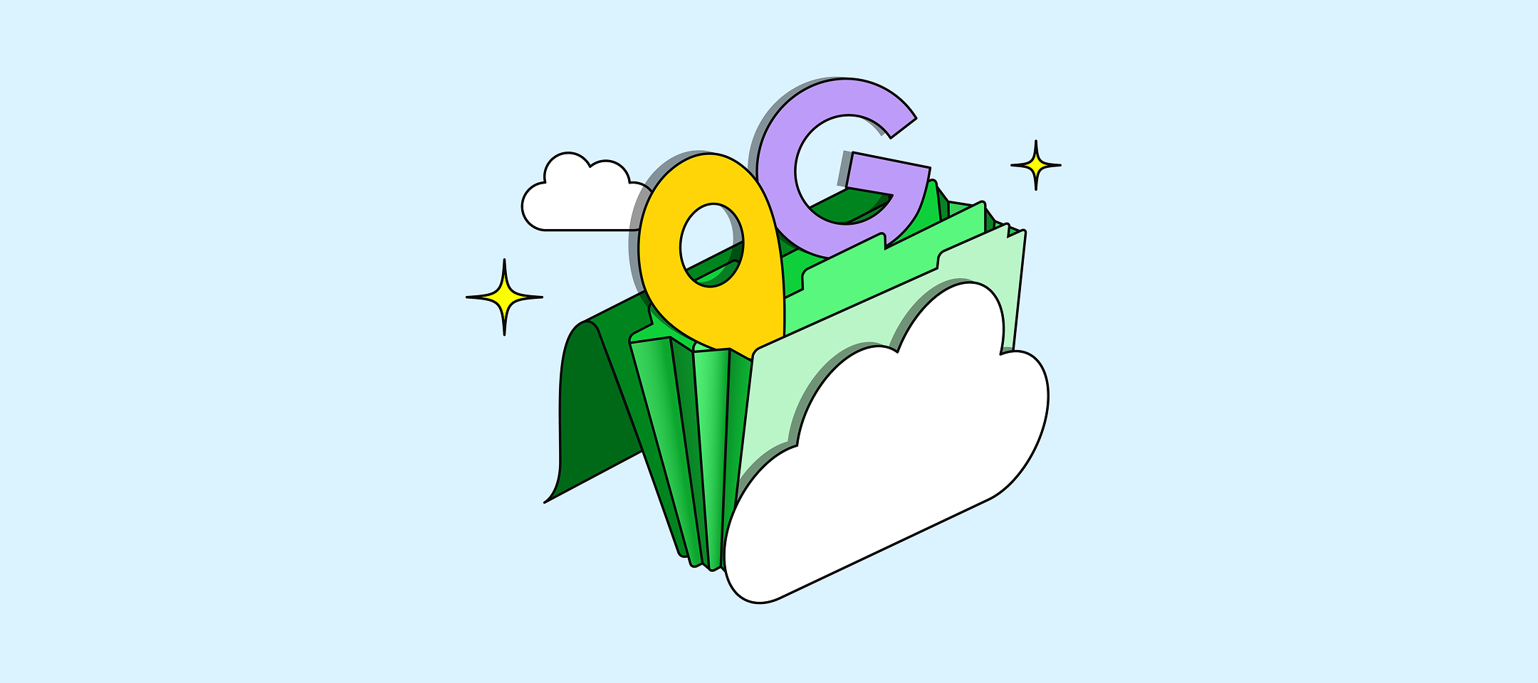 Graphic representing listings management, showing a Google Maps pin and a 'G' for Google emerging from organized green folders, surrounded by clouds and stars.