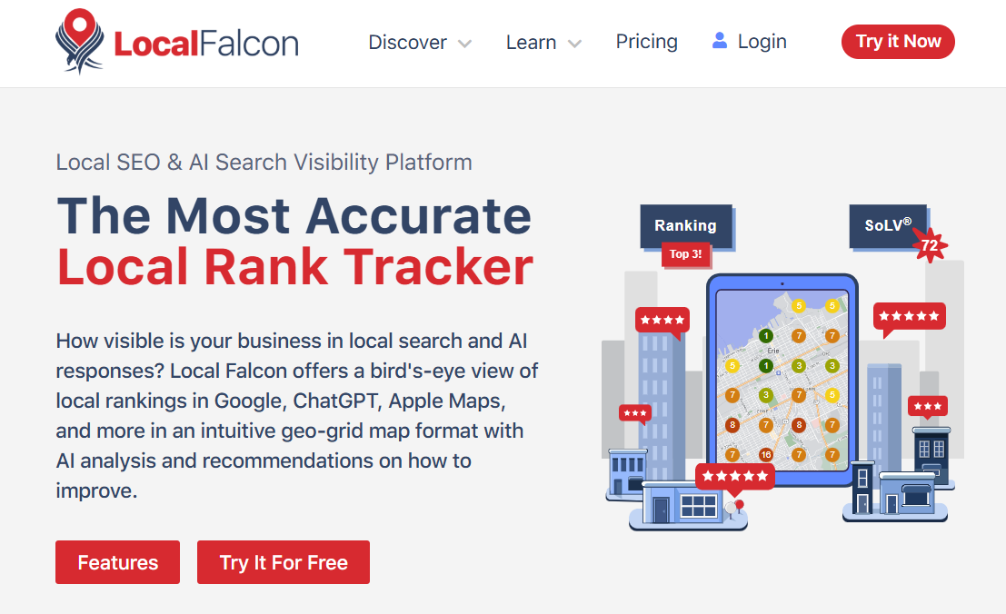 A screen grab of Local Falcon's local rank tracker webpage. 
