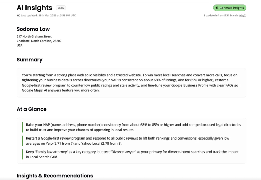 A screenshot of the BrightLocal platform that shows an example AI Insight for a law firm. With the summary and at a glance actions.
