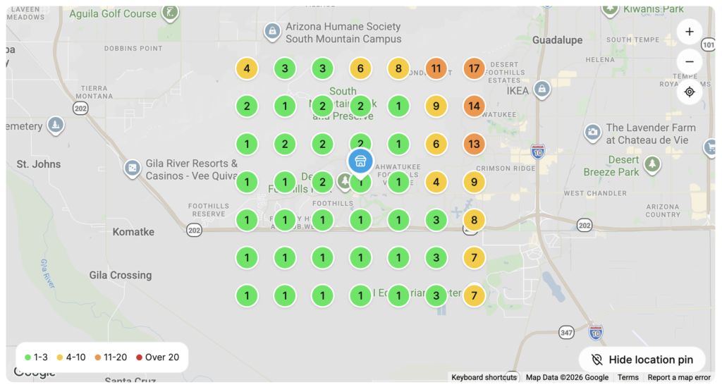 A screenshot of a report from BrightLocal's Local Search Grid. This shows a business that ranks well across their town.
