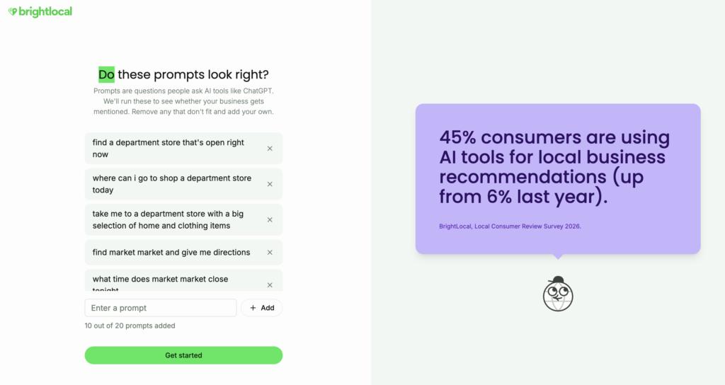 Screenshot of the onboarding for BrightLocal's local SEO platform. The screenshot shows the prompt suggestions generated as part of set up.