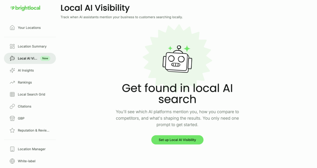 Screenshot of the BrightLocal platform showing how an existing customer can start setting up AI Visibility Tracker