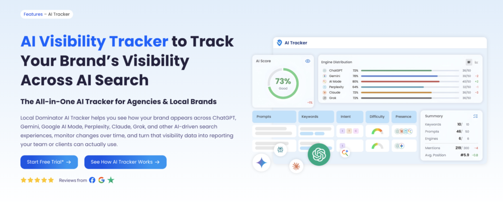 Screenshot of Local Dominator's landing page for their AI tracker
