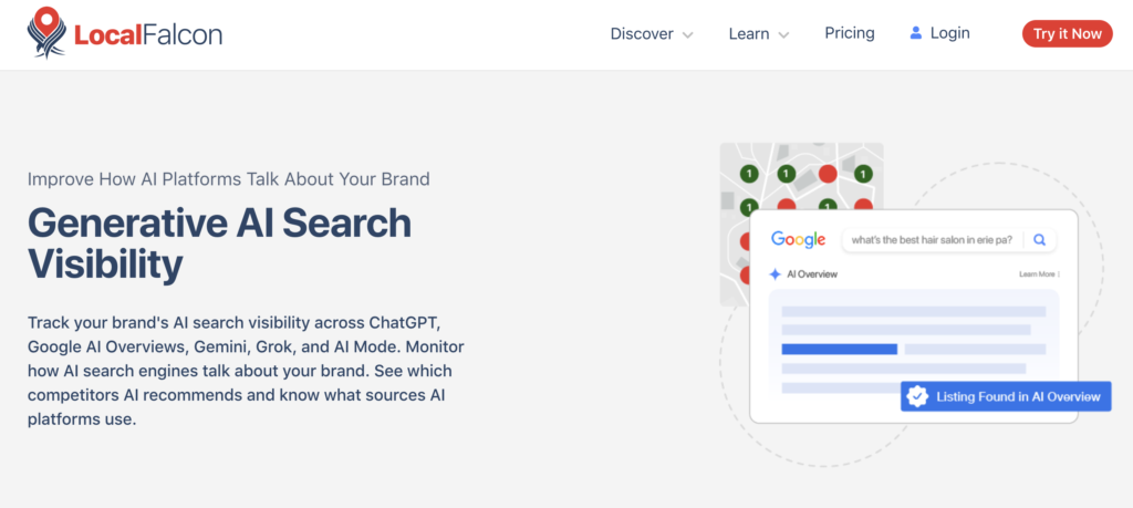 Screenshot of Local Falcon's landing page for their ai tracking